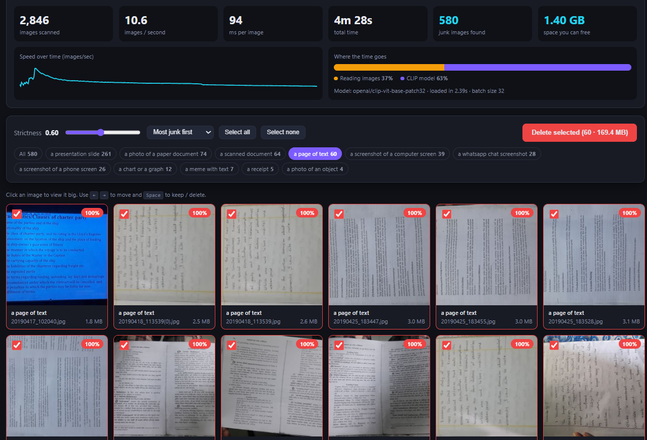Review grid of flagged images filtered to 'a page of text', showing photographed handwritten and printed pages.