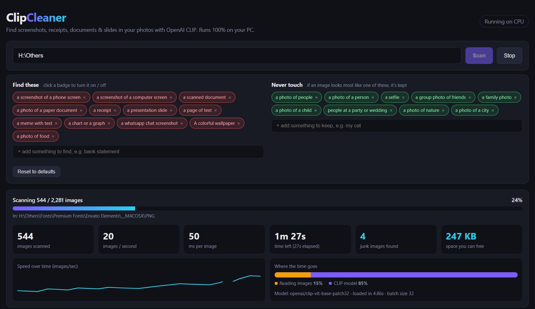 The scan screen with editable find and never-touch label chips, a progress bar, and live speed stats.