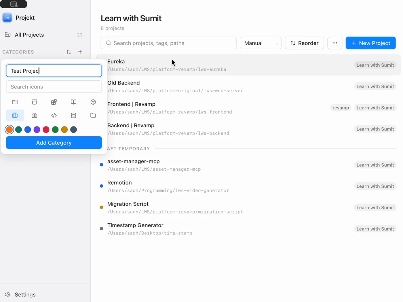 Creating a new category in Projekt with an icon and color picker