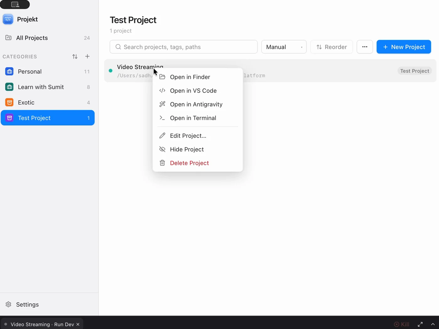 Right-click menu with options to open a project in Finder, VS Code, Antigravity or Terminal